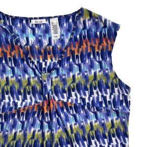 Liz & Co Pleat Front Top LARGE V-neck Colorful Career Casual Sleeveless Blouse